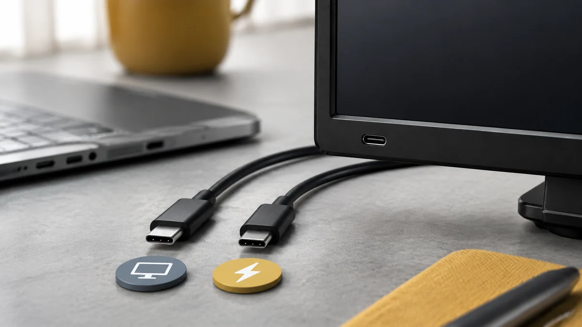 같은 모양의 USB-C 케이블이 지원하는 기능을 비교하는 장면